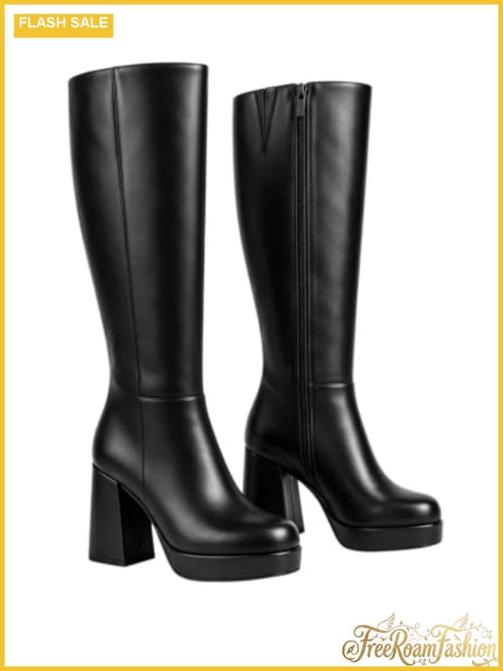 FROSTMIRAGE Square Toe Knee High Platform Block Heel PU Boots Women